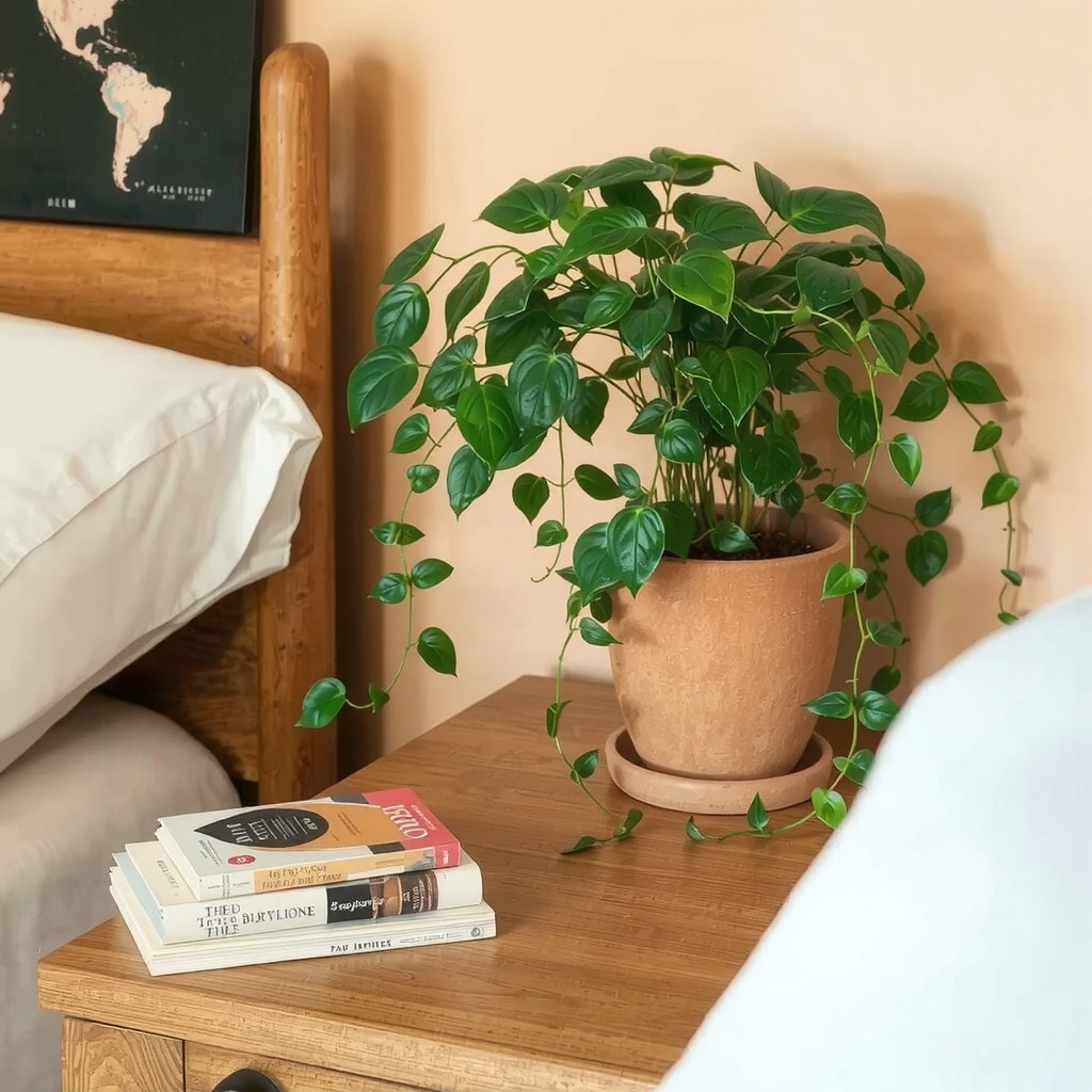 A vignette of a mid-century modern bedside table holding a small pile of books and a trailing Pothos in a terracotta pot, with vines gently cascading down the side, set against a warm beige wall.