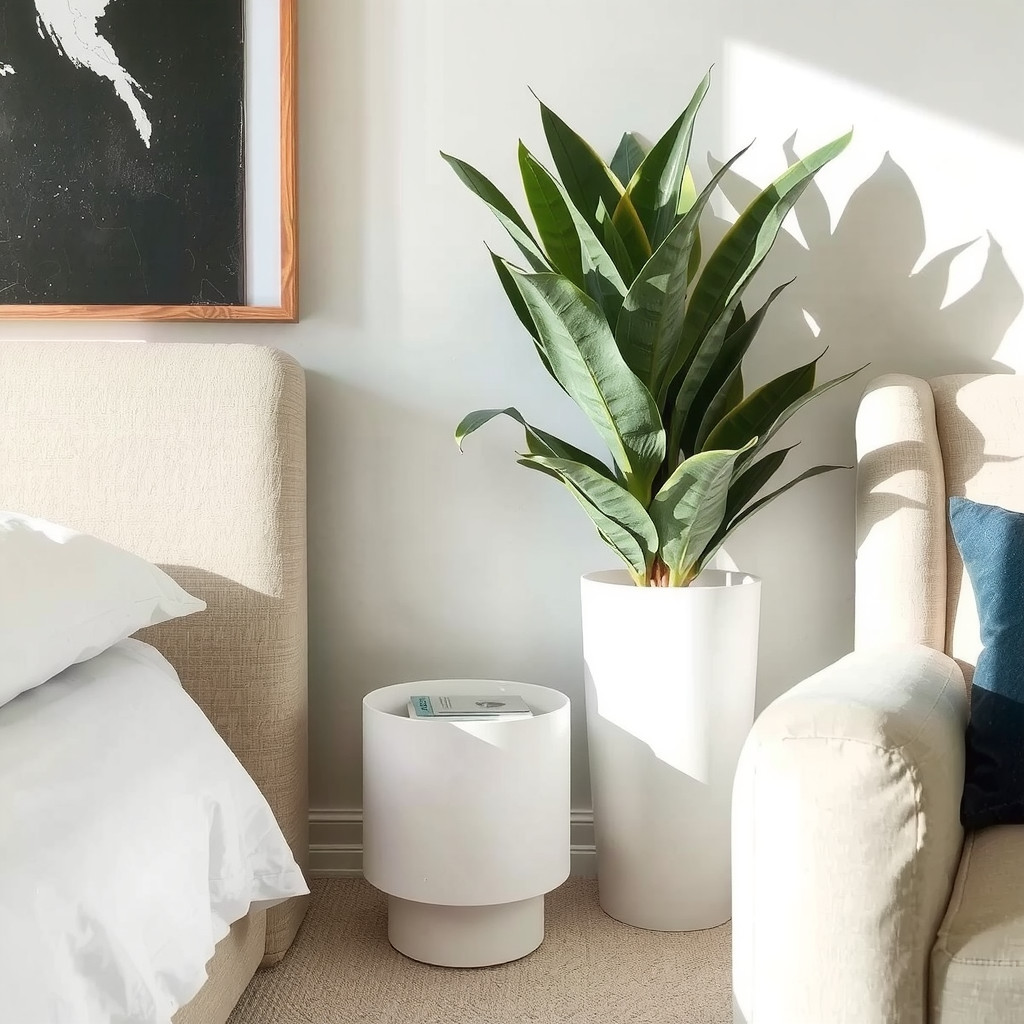 A bedroom corner featuring a tall Dracaena in a sleek ceramic cylinder pot, acting as a visual anchor next to a velvet reading chair, with soft shadows adding depth to the scene.