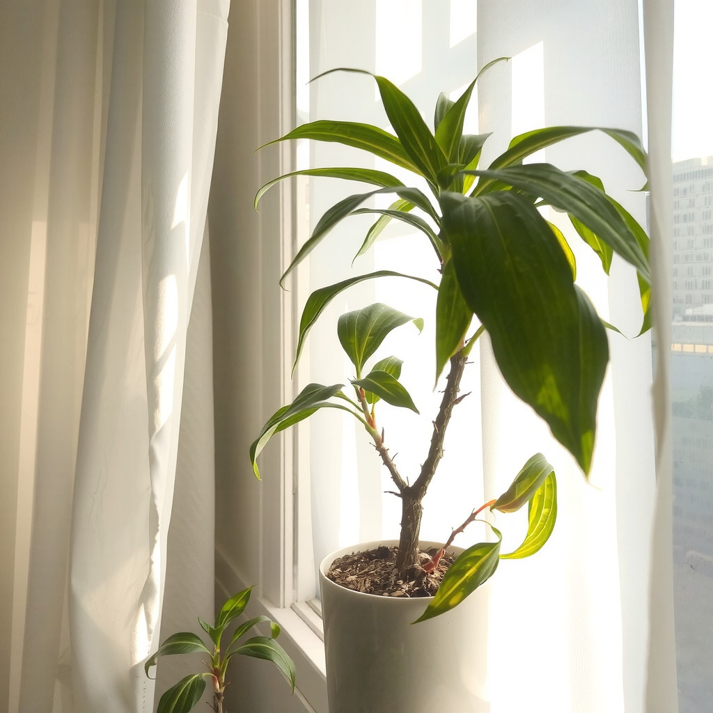 An atmospheric shot of sunlight filtering through sheer white curtains, illuminating the variegated leaves of a Spider Plant on a sill, creating a glowing, ethereal effect in a tranquil room.