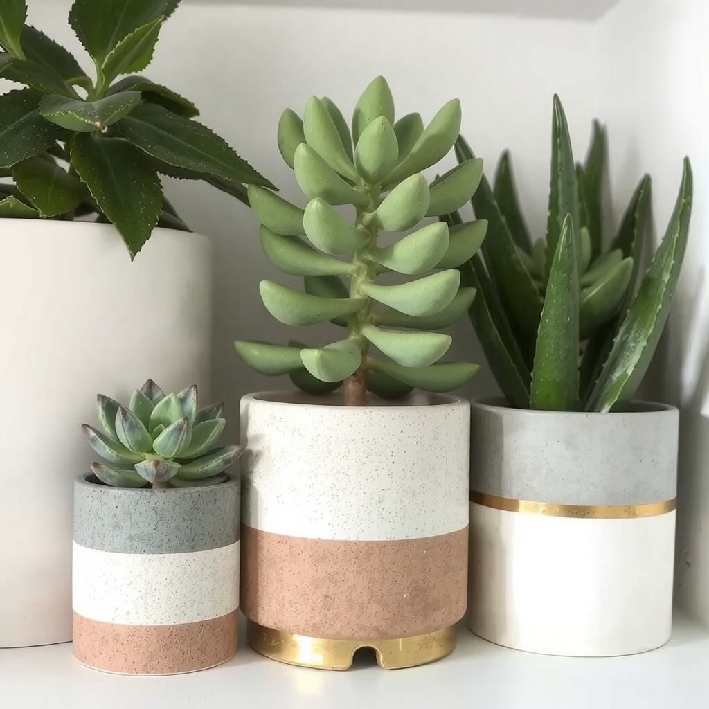 A curated shelf arrangement showcasing a trio of hardy plants including a Jade plant and Aloe Vera in mismatched ceramic pots, emphasizing a collected and organic aesthetic.