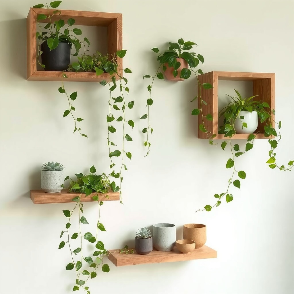 A stylish bedroom wall layout showing wooden floating shelves adorned with trailing pothos and small potted succulents, set against a soft sage green wall with warm natural lighting.