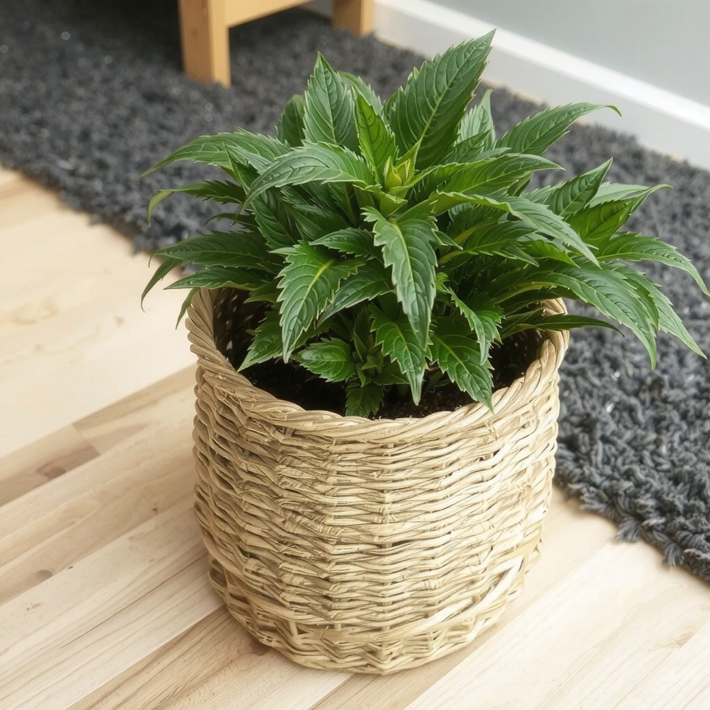 A close-up detail shot of a woven seagrass planter basket housing a lush green plant, placed on a light oak floor next to the edge of a soft charcoal wool rug.