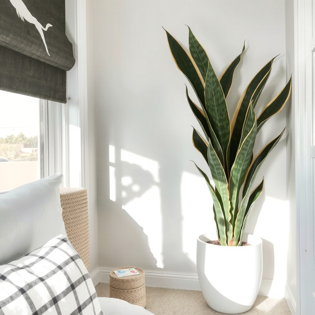 A bedroom corner featuring a tall architectural Snake Plant in a matte white ceramic pot, acting as a statement piece against a pale gray wall with shadow play from a nearby window.