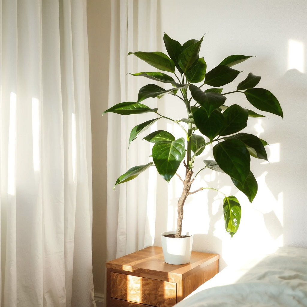 An atmospheric bedroom shot showing sunlight filtering through sheer white curtains, illuminating the glossy leaves of a ZZ plant sitting on a mid-century modern wooden nightstand.