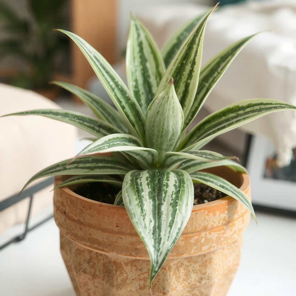 A macro shot of the vibrant variegated leaves of a Spider Plant in a textured clay pot, highlighting the green and white stripes with a blurred cozy bedroom background.