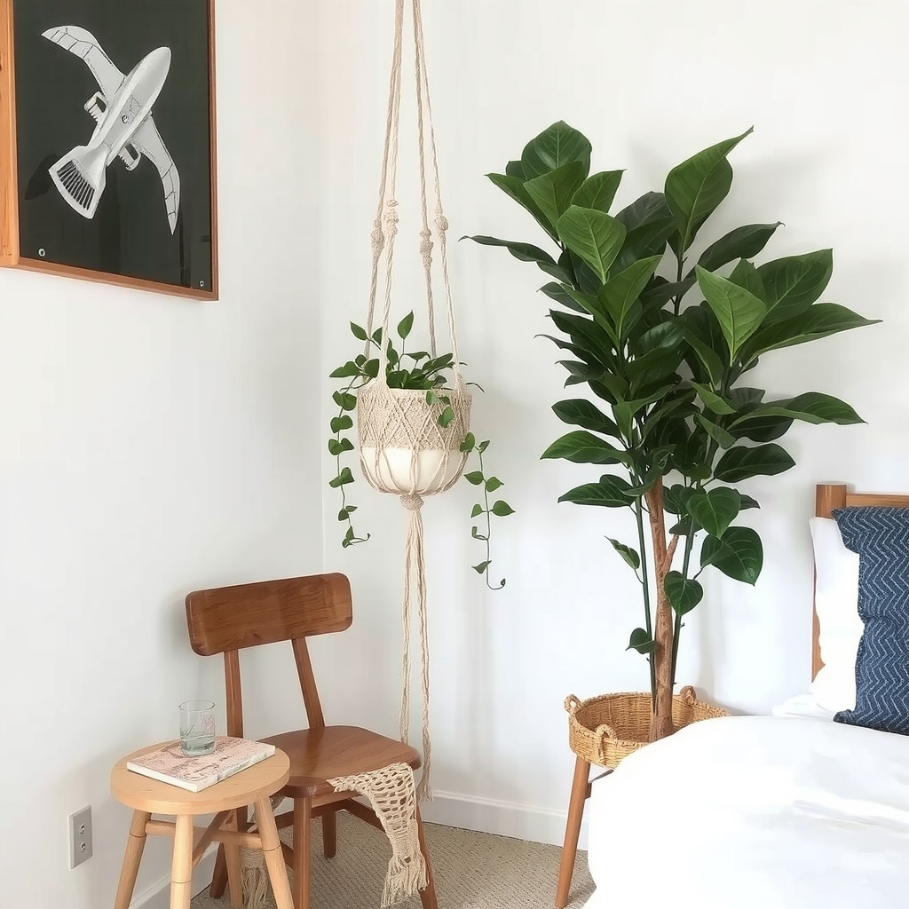 A stylish bedroom corner utilizing vertical space with a hanging macrame planter holding a trailing ivy, positioned next to a mid-century modern armchair and a tall rubber plant, showcasing balanced spatial composition.