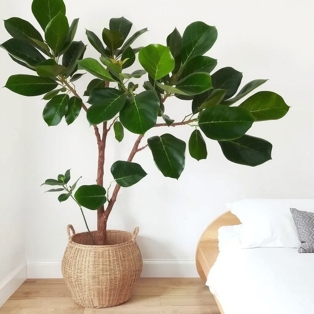 A minimalist bedroom design centered around a large statement Fiddle Leaf Fig tree in a woven basket, standing beside a low-profile platform bed, creating a dramatic yet organic focal point.