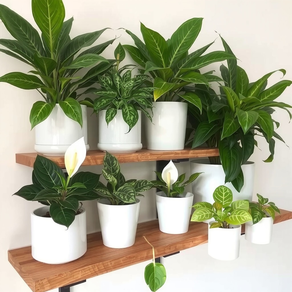 A well-organized wooden floating shelf displaying a variety of air-purifying bedroom plants like Snake Plants and Peace Lilies in matching white ceramic pots, highlighting diversity in leaf shapes and shades of green.