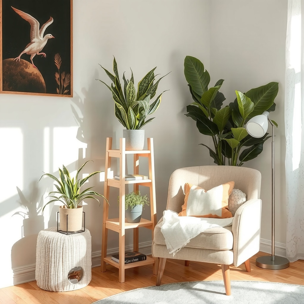 A curated corner with a tiered plant stand and mid-century armchair