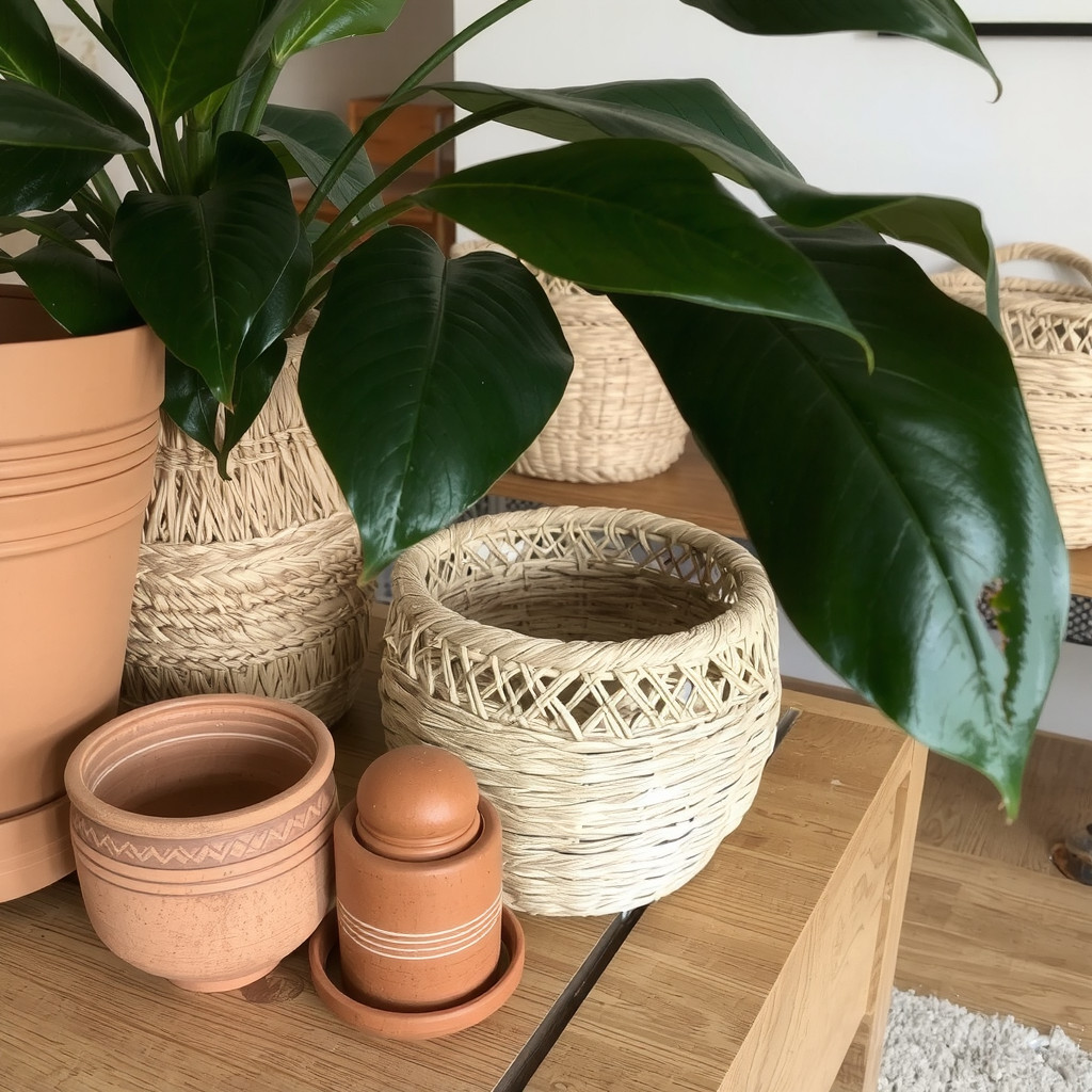 Close-up of textured terracotta pots and glossy leaves on a wooden table