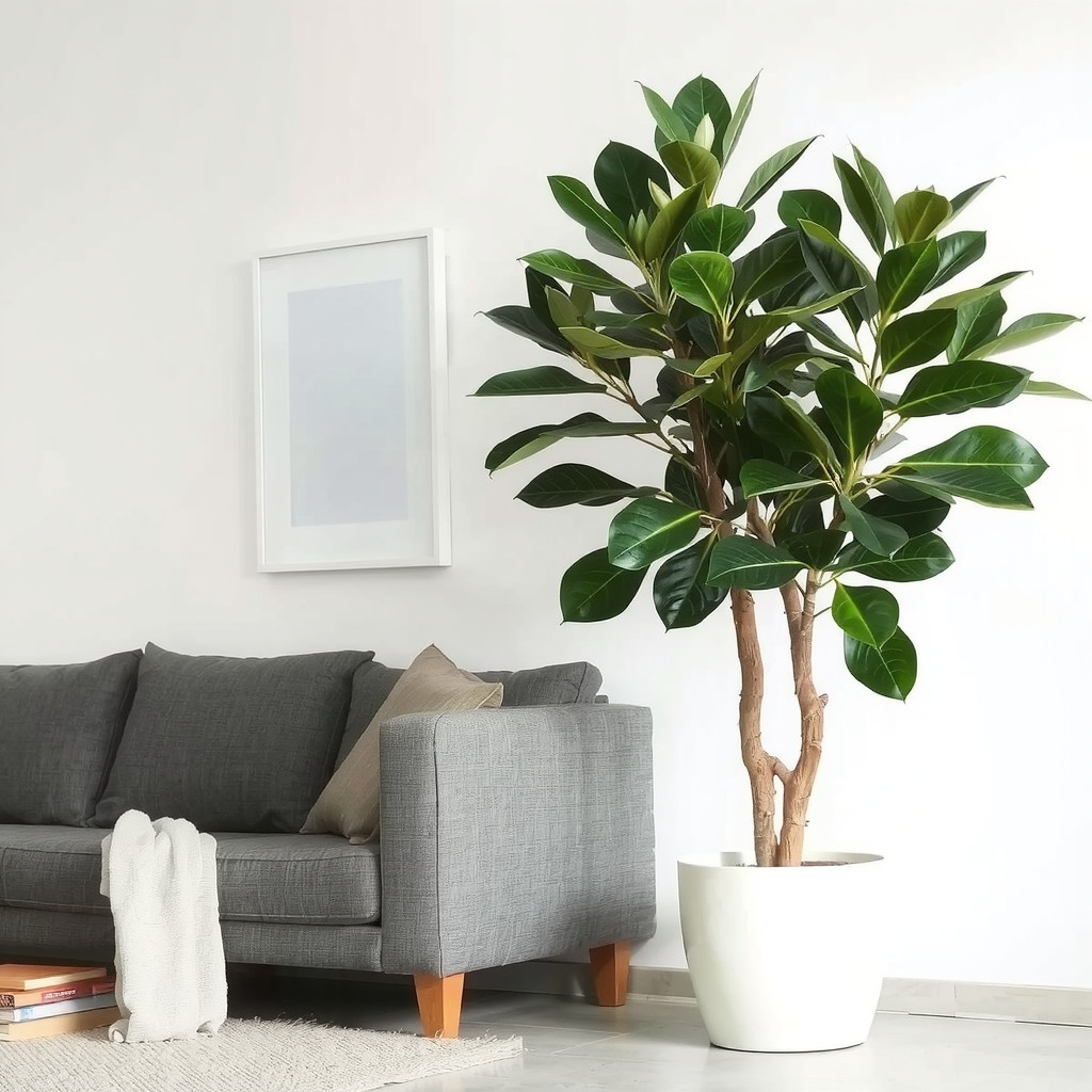 A large Fiddle Leaf Fig tree serving as a statement piece next to a sofa