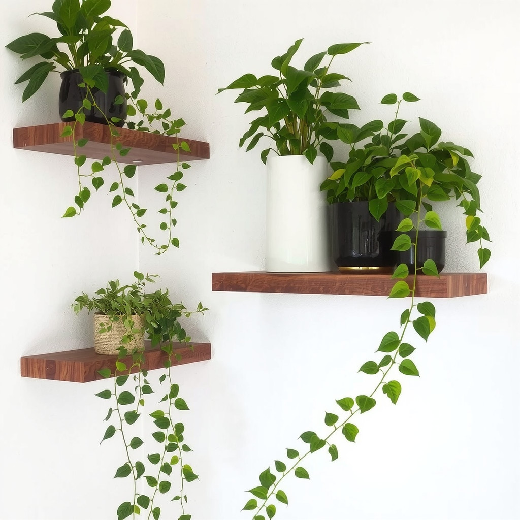 Floating shelves adorning a bedroom wall with trailing ivy and pothos plants