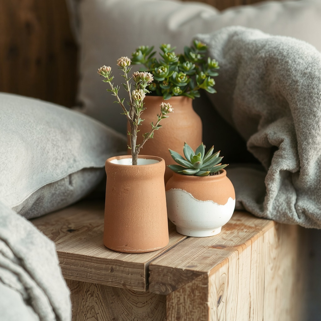 Close-up of terracotta and woven planters resting on a wooden surface against linen fabric