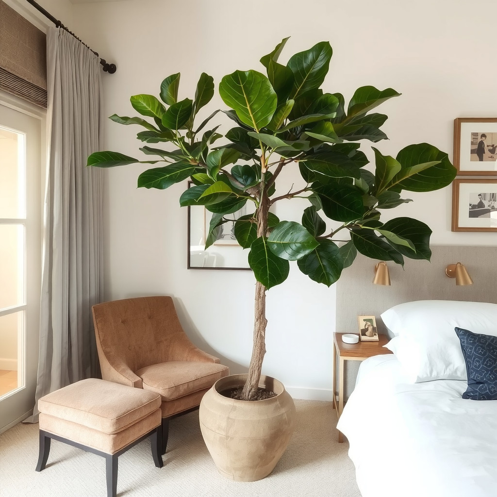 A large statement snake plant standing in a bedroom corner near a velvet armchair