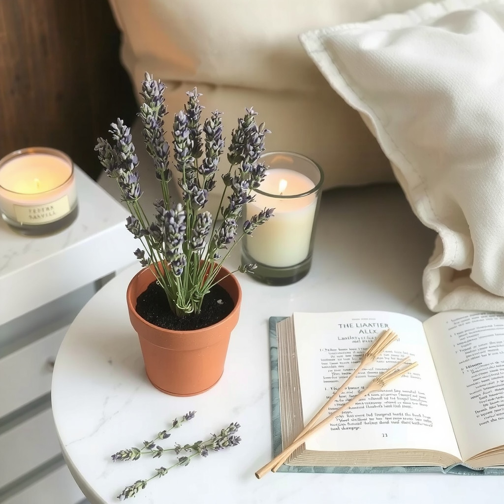 A bedside vignette featuring fresh lavender and a peace lily
