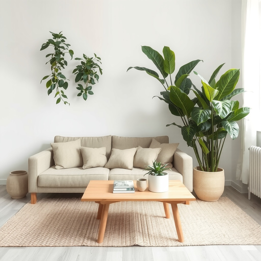 Grouped plants framing a living room seating area
