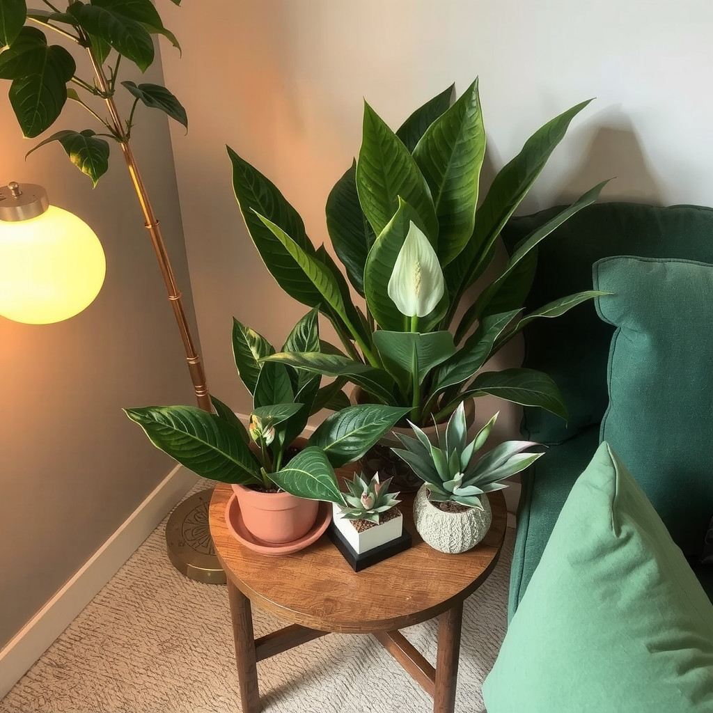 Table lamp and plants sharing a cozy corner