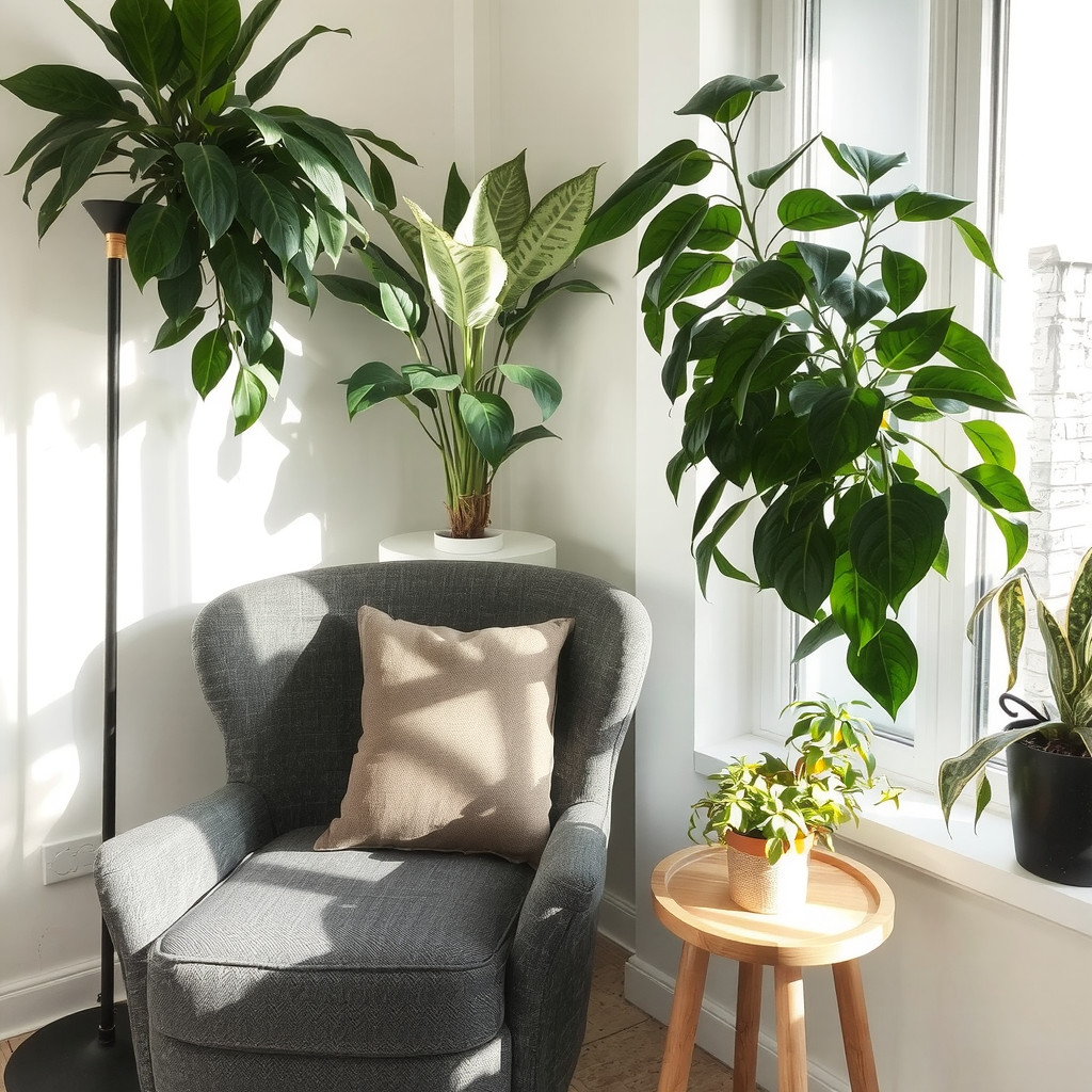 Leafy reading nook with layered plants