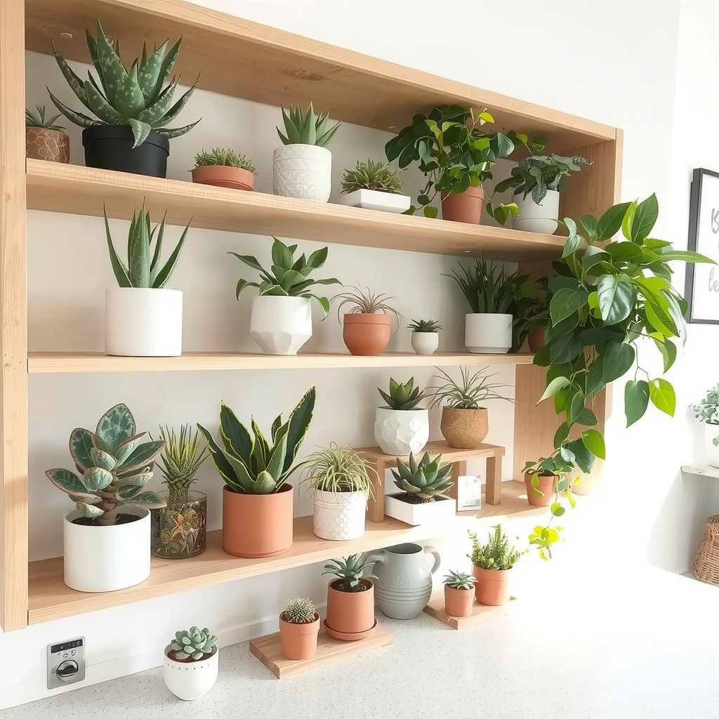 Shelf styled with easy-care starter plants