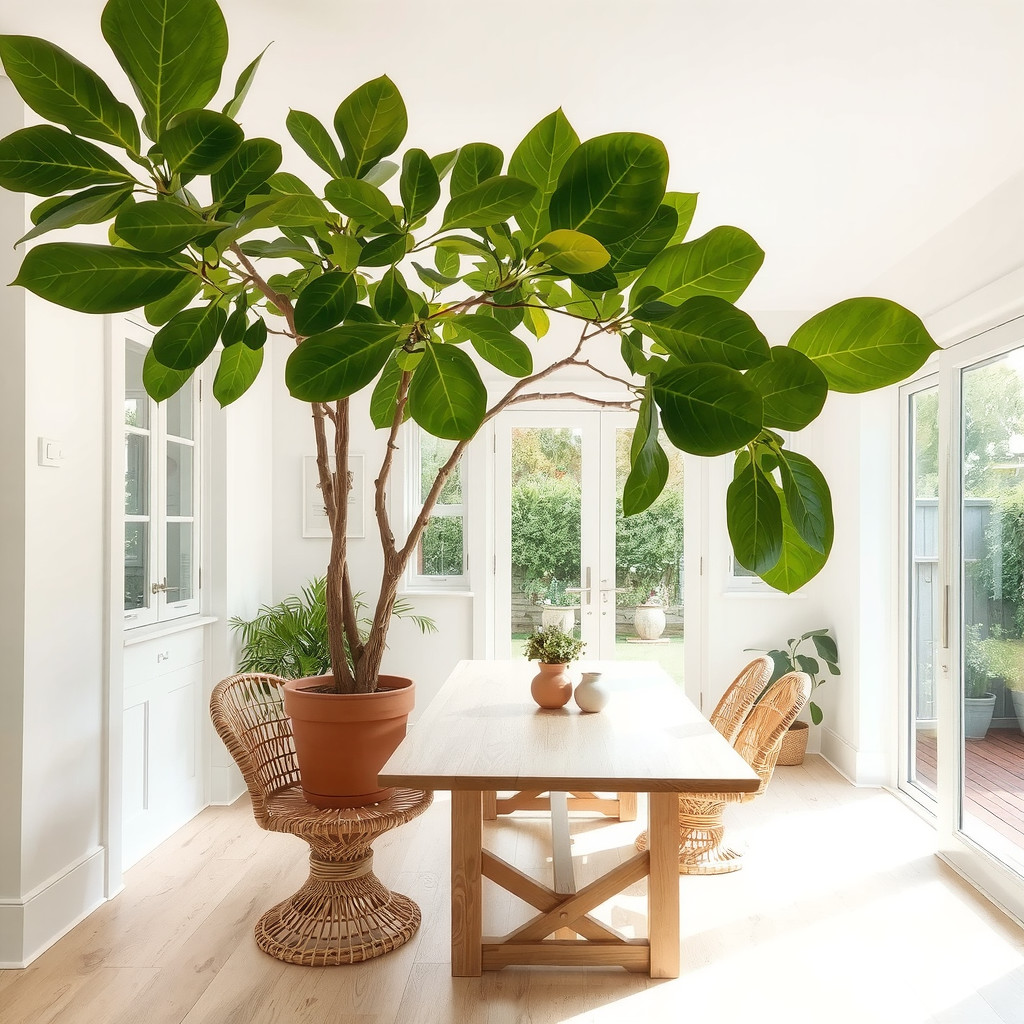 Dining area with large indoor plants