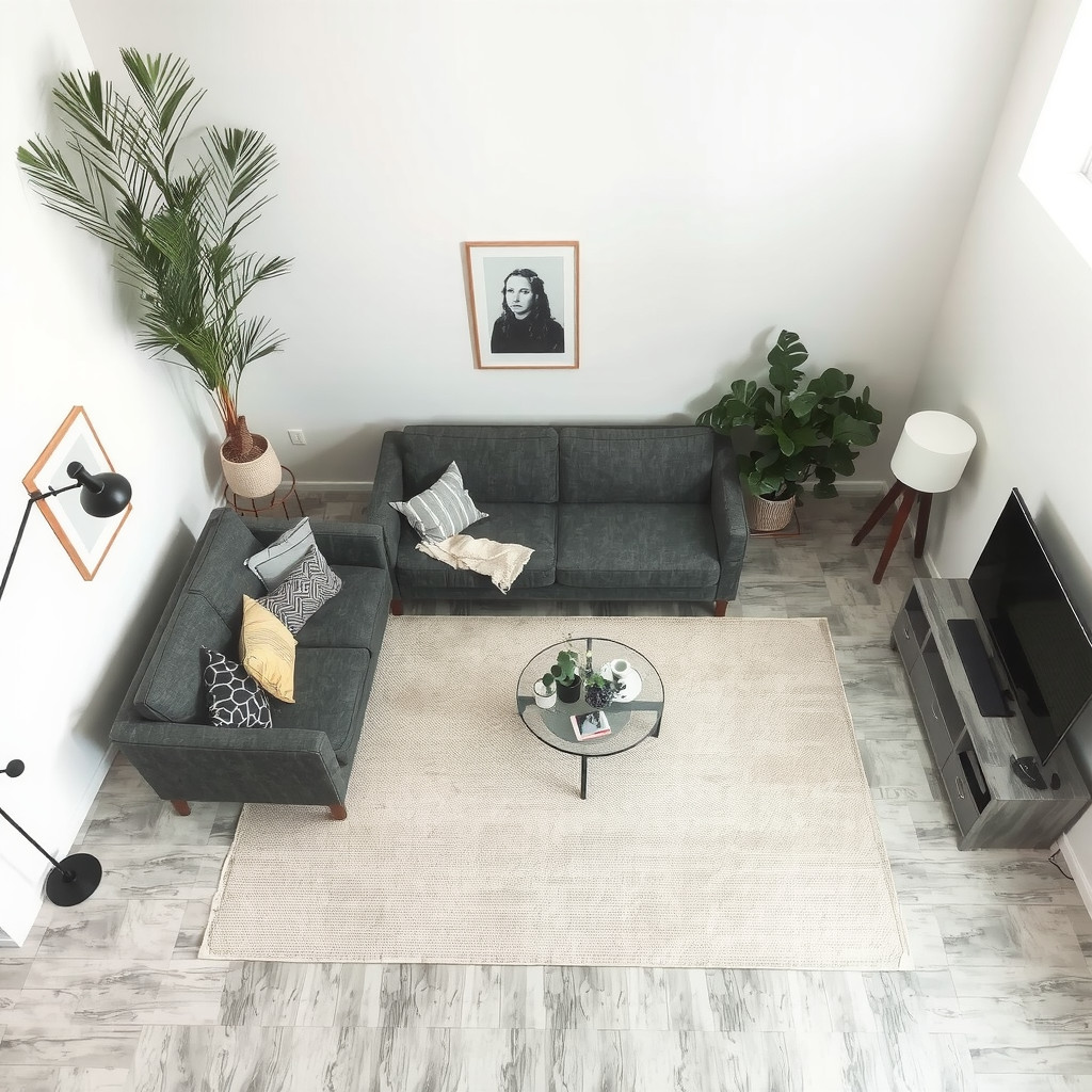 Furniture arranged in a floating layout away from walls