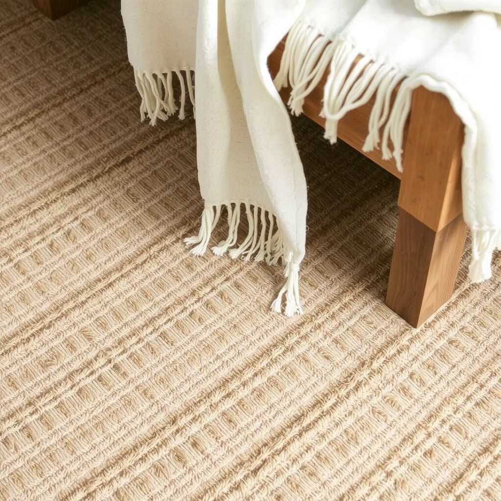 Layered rugs and textured fabrics on a sofa