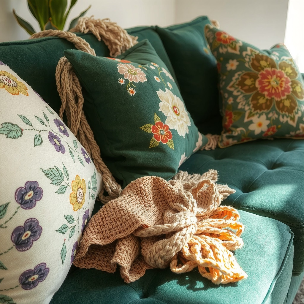 A close-up texture shot of a plush emerald velvet sofa adorned with mismatched cushions in floral and geometric embroidery, a chunky knit ochre throw, and soft natural lighting highlighting the fabric sheen.