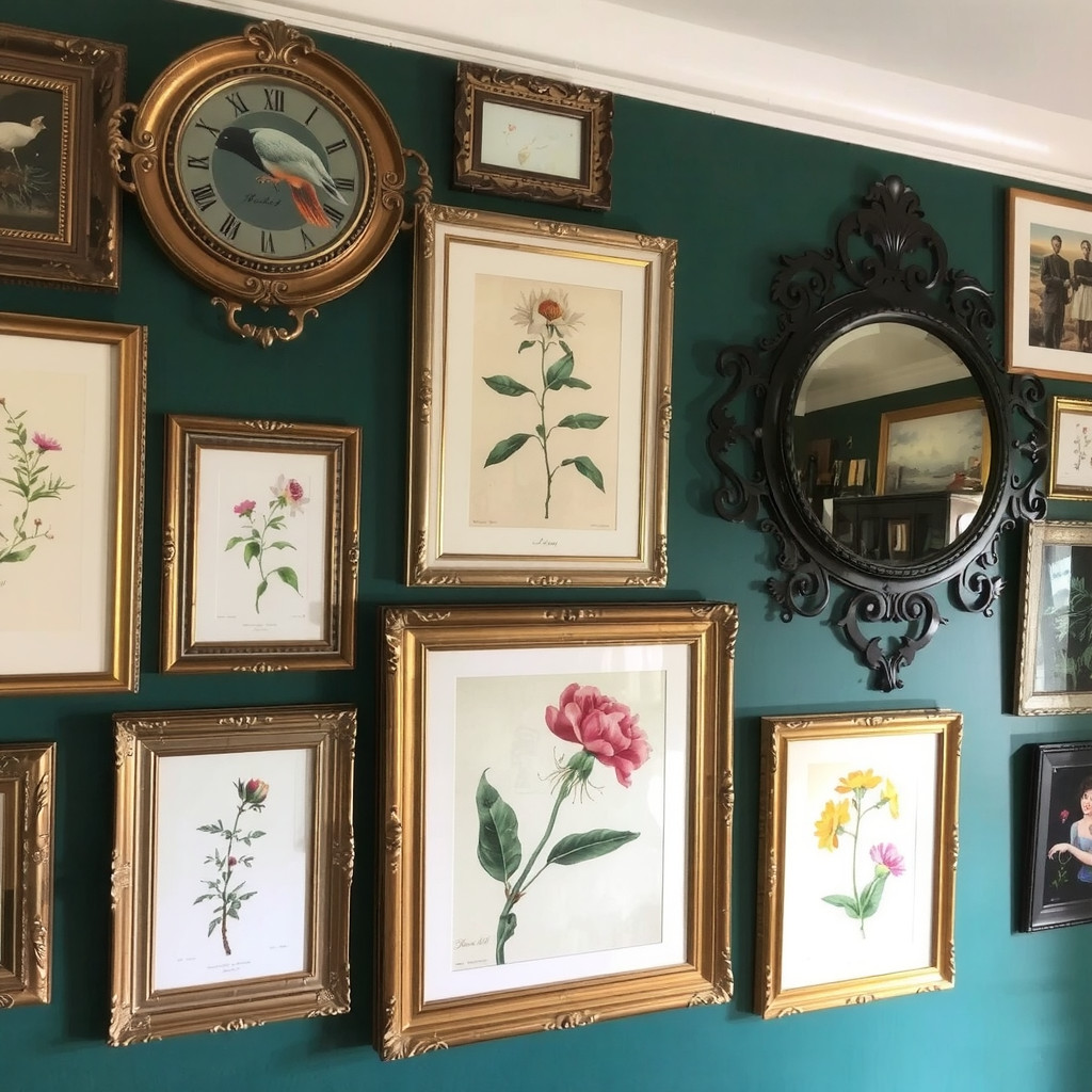An eclectic gallery wall featuring antique gold frames of varying sizes, botanical illustrations, surrealist art prints, a vintage circular mirror, set against a deep teal wall with warm ambient lighting.
