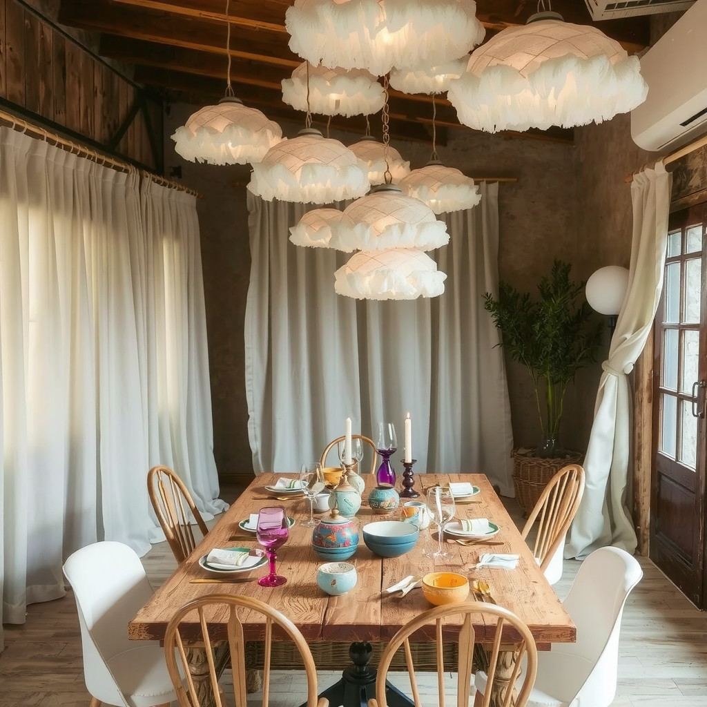 A magical dining area illuminated by a cluster of cloud-shaped pendant lights, a rustic wooden table set with colorful mismatched ceramics, and a backdrop of sheer linen curtains swaying gently.