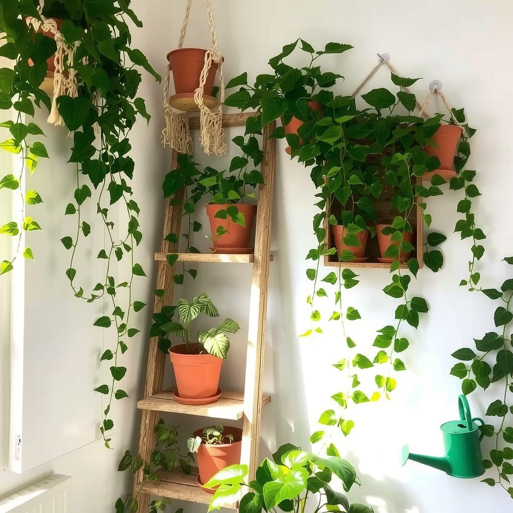 A lush indoor garden corner with trailing ivy cascading from macrame hangers, terracotta pots on a ladder shelf, a retro green watering can, and sunlight filtering through leaves casting intricate shadows.