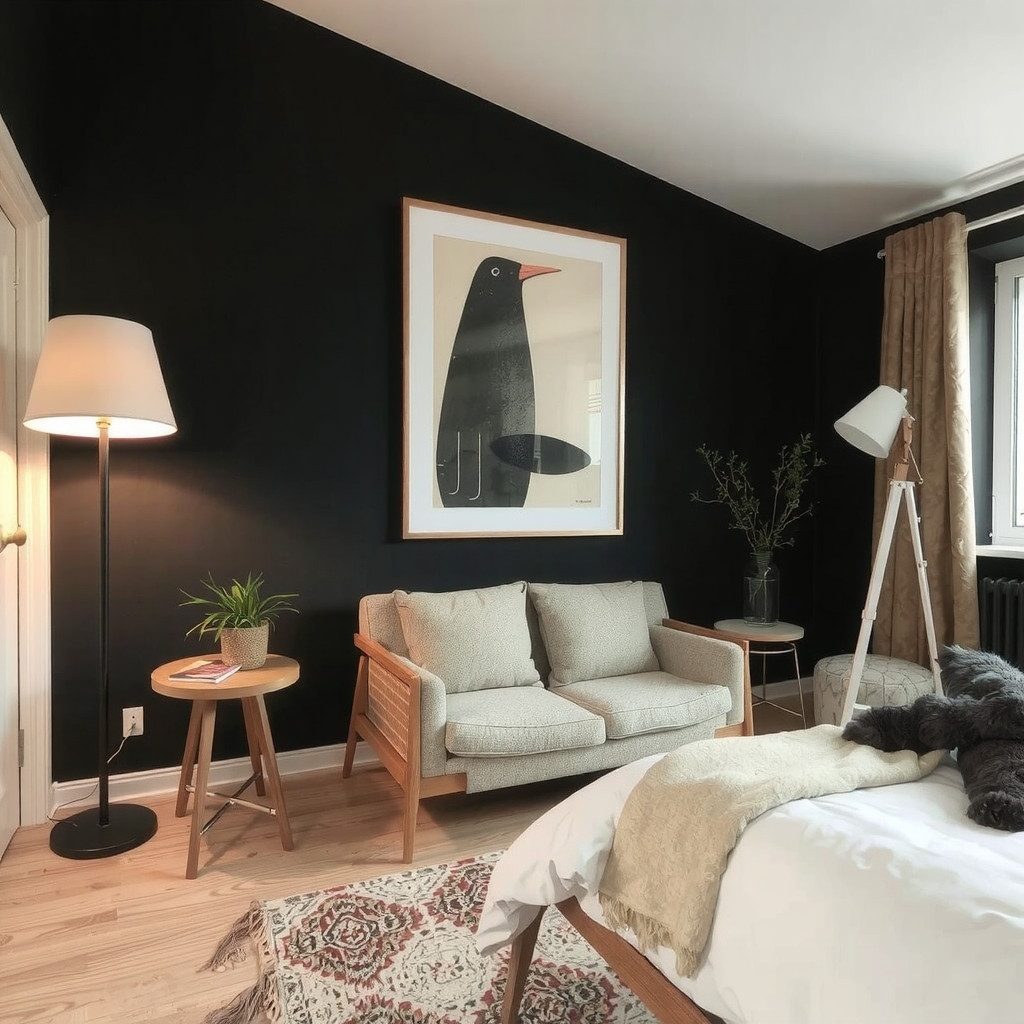 A dark aesthetic bedroom with a floor lamp, a comfortable armchair, and a side table