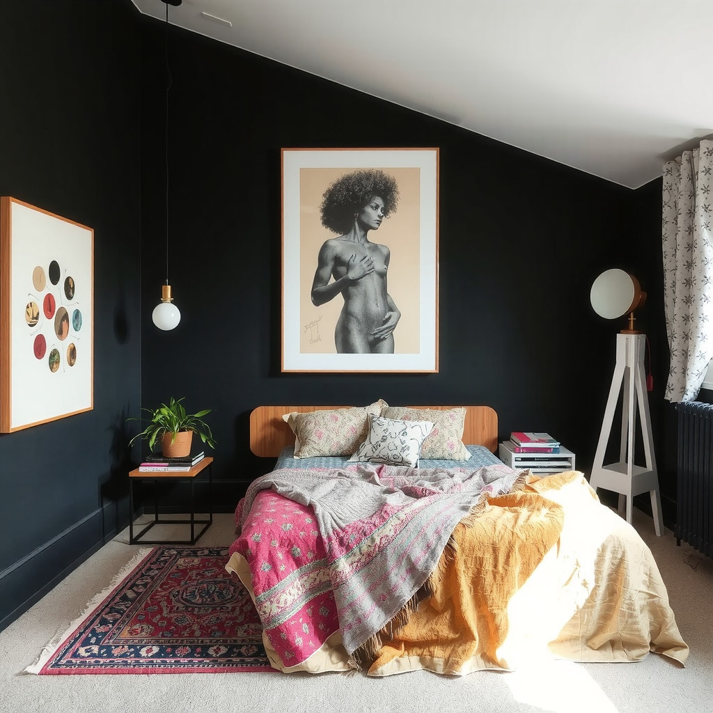 A dark aesthetic bedroom with a statement piece of art, a colorful rug, and a floor lamp
