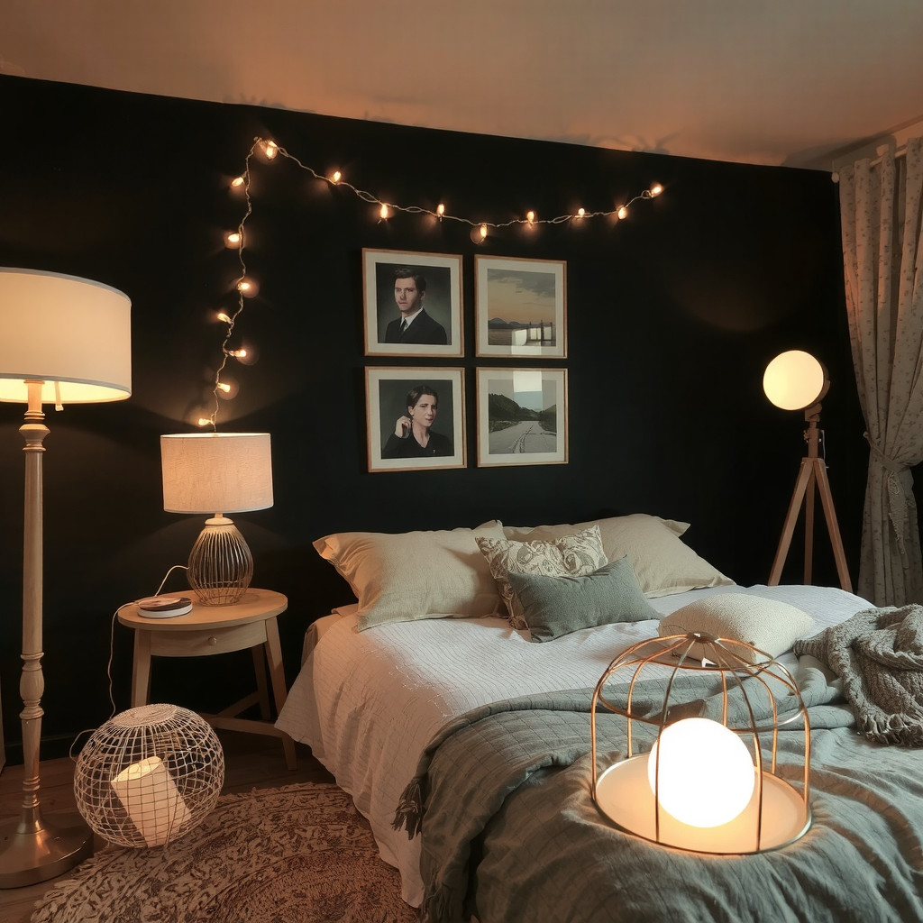 A dark aesthetic bedroom with table lamps, floor lamps, and string lights