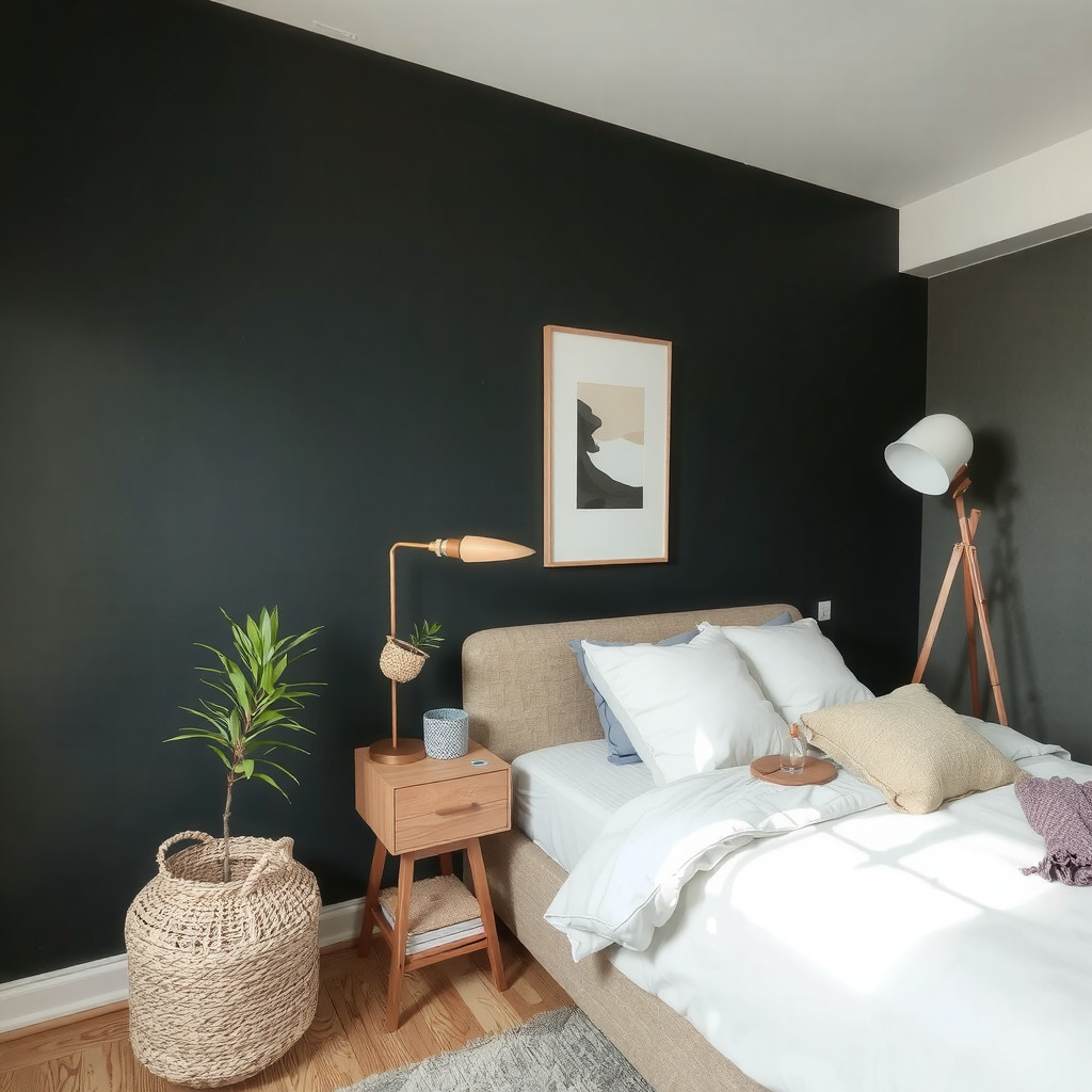 A dark aesthetic bedroom with a bedside table, a low-maintenance plant, and a floor lamp