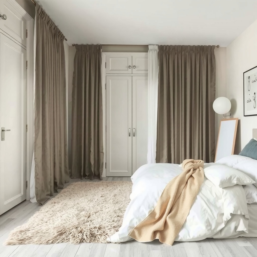 A bedroom with a floor-to-ceiling curtain and a plush area rug
