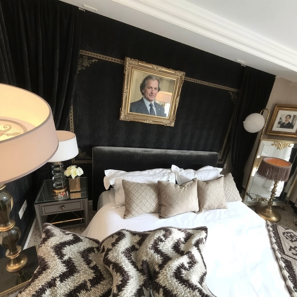 A bedroom with a velvet headboard and metallic accents