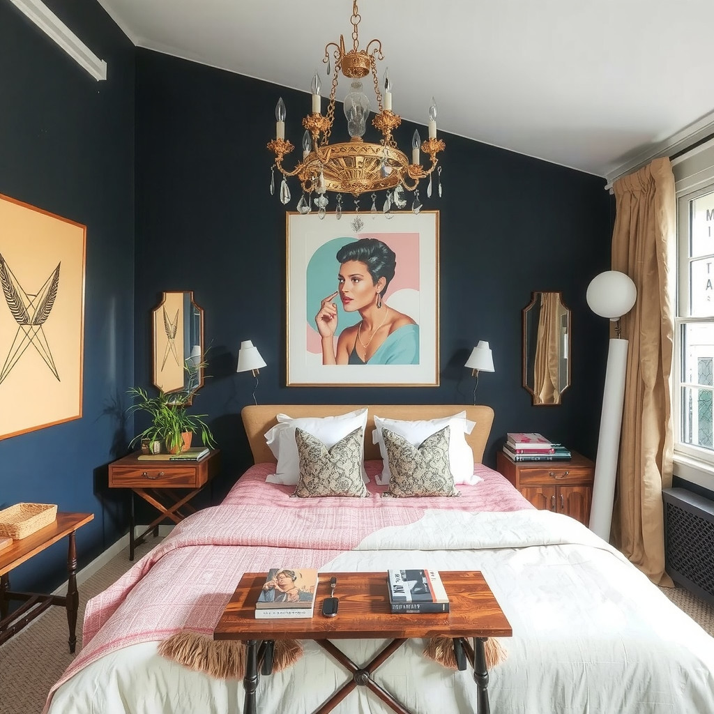 A bedroom with a statement piece of art and a vintage chandelier