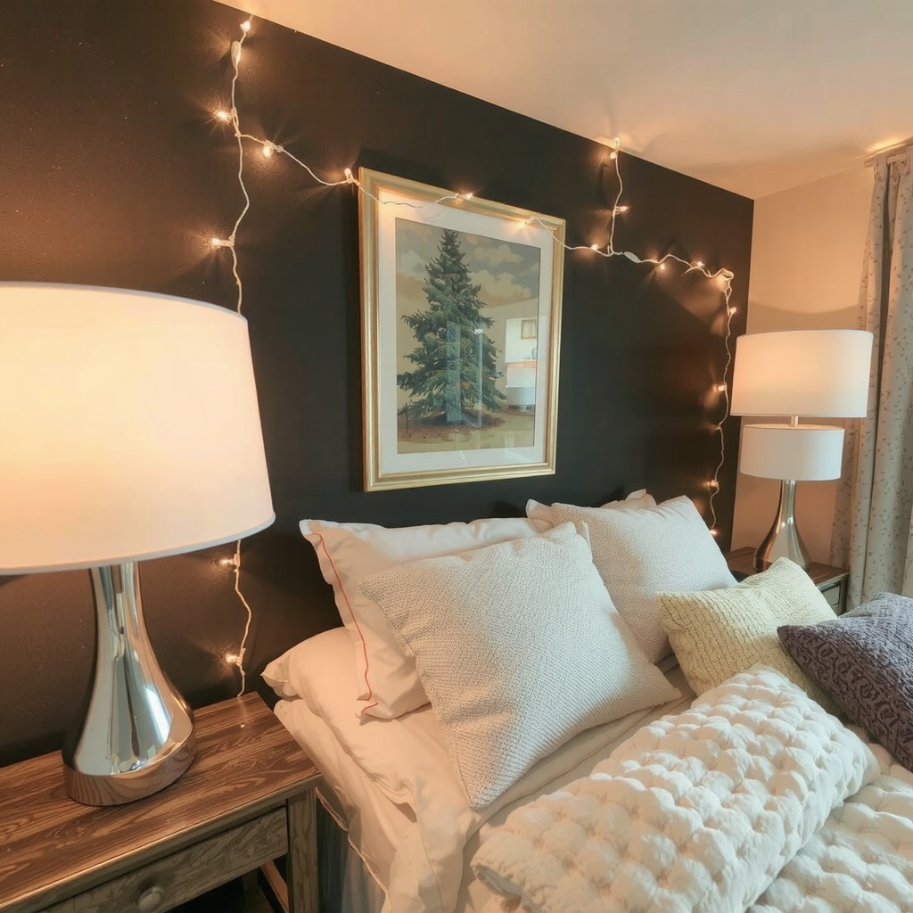 A bedroom with table lamps and string lights