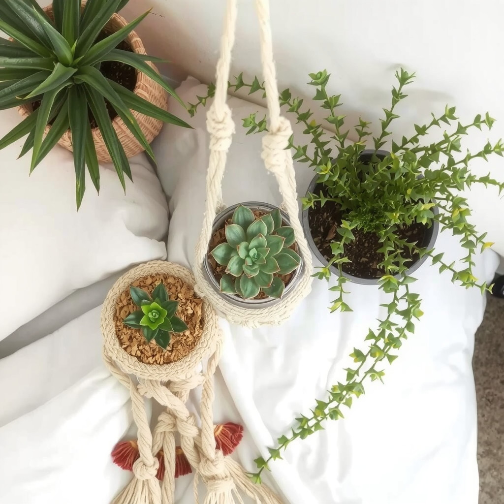 A bedroom with a succulent plant and a macrame hanger