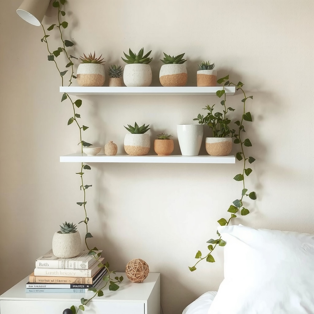 Plant shelf and nightstand vignette