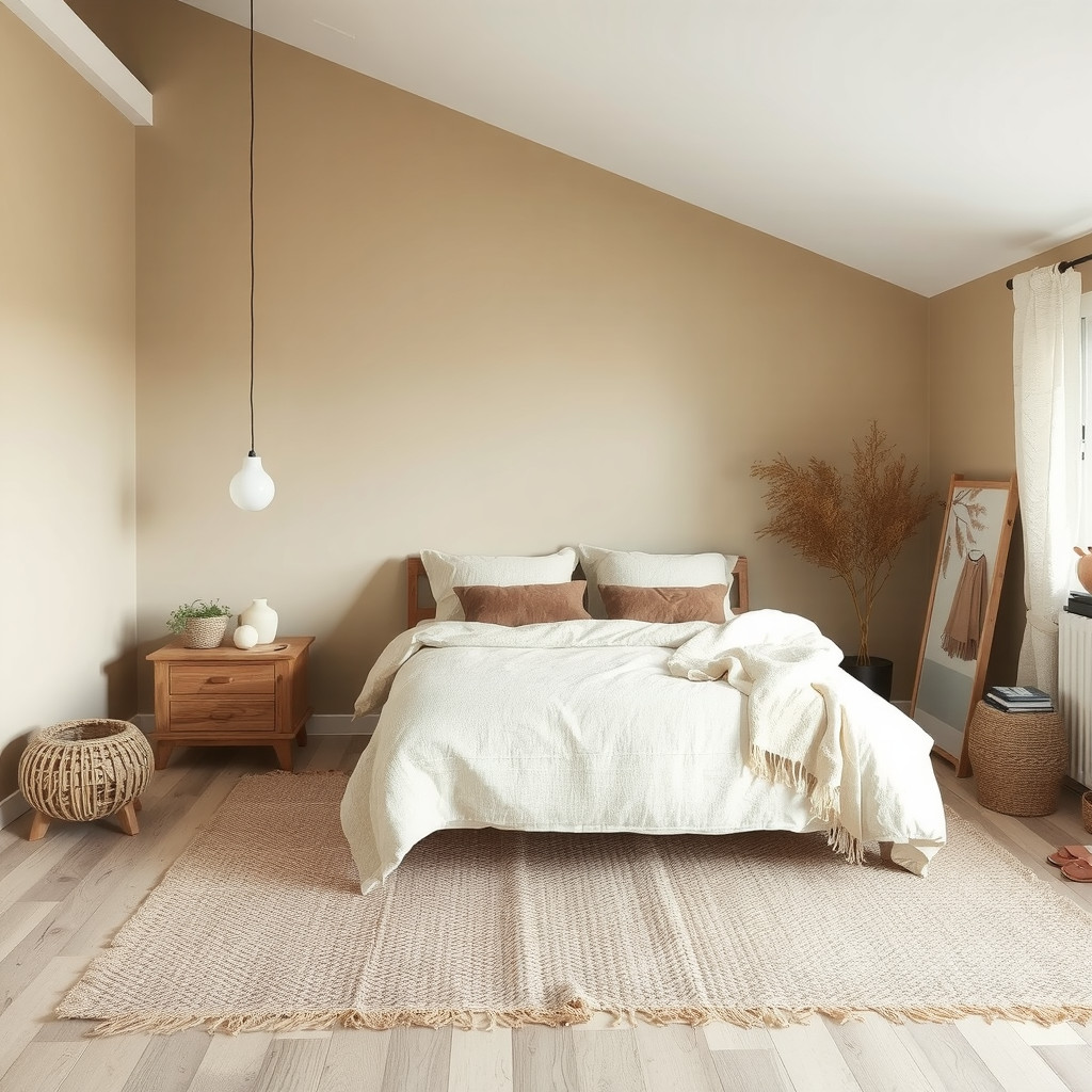 A bedroom with a wooden bed frame, a linen duvet cover, and a cotton area rug