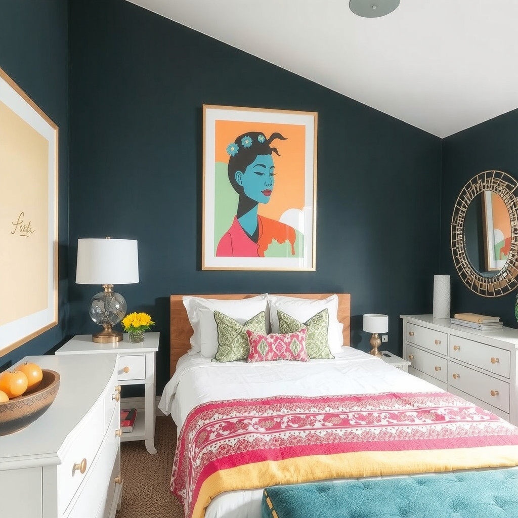A bedroom with a statement piece of artwork above the bed, and a decorative mirror above the dresser