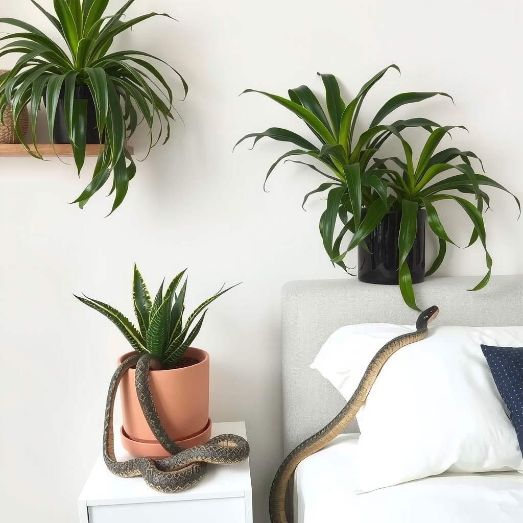 A bedroom with a snake plant on a nightstand, and a spider plant on a shelf