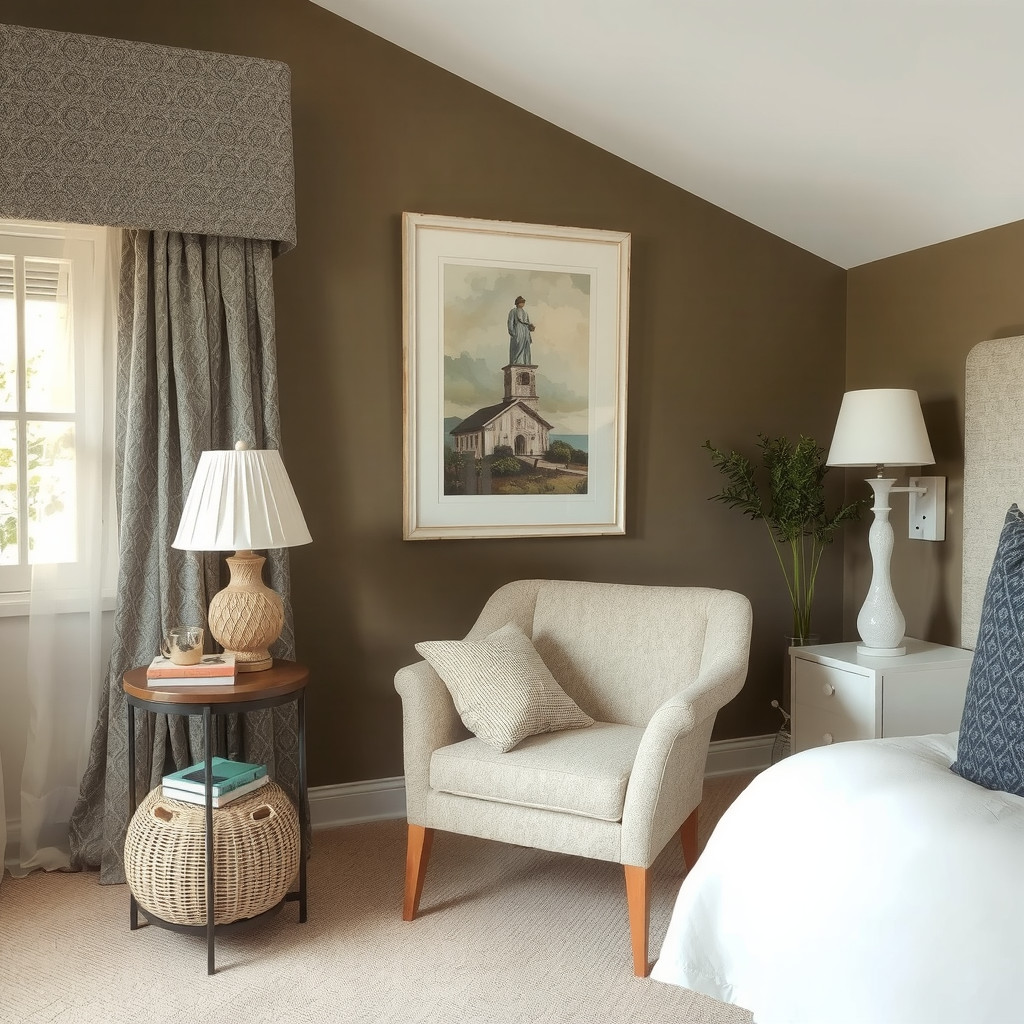 A bedroom with a comfortable reading chair, and a side table with a lamp