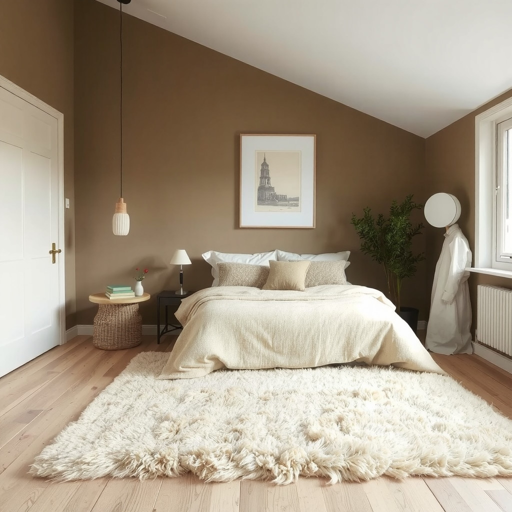 A bedroom with a plush area rug, and a few favorite books on a shelf