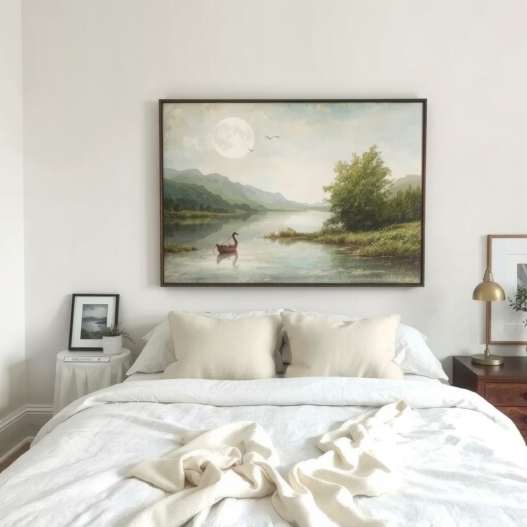 A bedroom with a peaceful landscape painting above the bed, and a few framed photos on a nightstand
