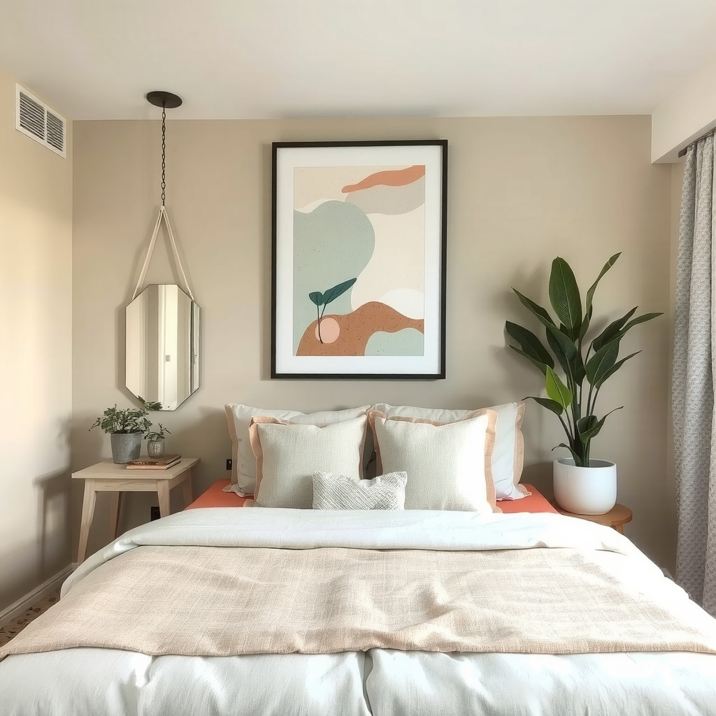 A bedroom with a wooden bed frame and soft, blue bedding