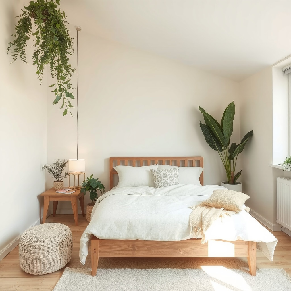 A bedroom with a succulent plant on the bedside table