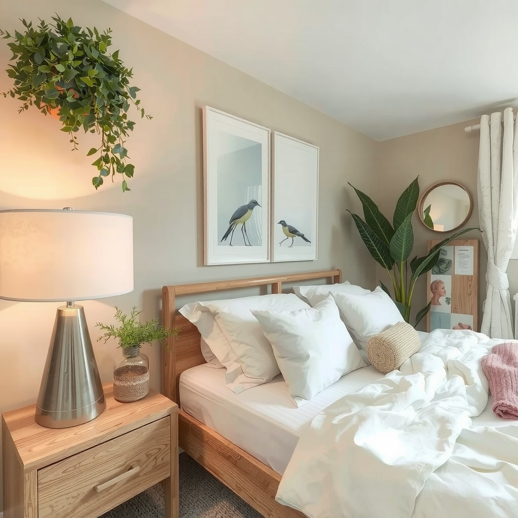 A bedroom with a statement piece of art and a decorative mirror