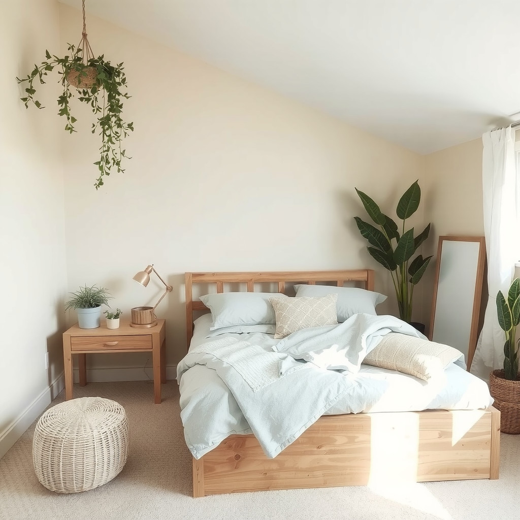 A bedroom with a hanging planter and a succulent plant
